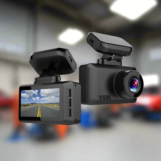 Car dashboard camera with screen displaying a road view on a white background